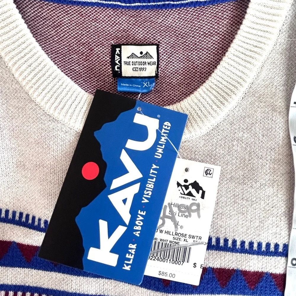 Kavu Hillrose Women's White and Blue Retro Ski Patterned Sweater XL NWT